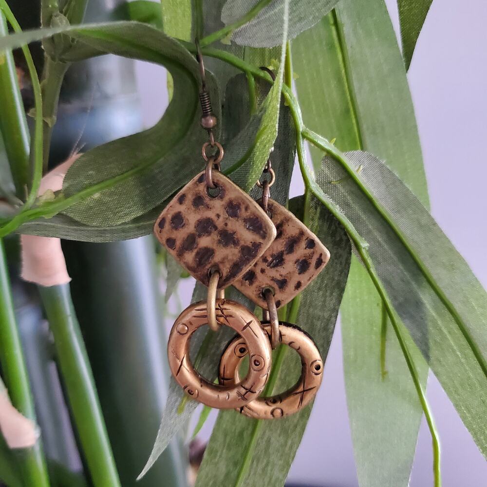 Handcrafted Upcycled Brass Tone Hammered Metal Dangle Earrings